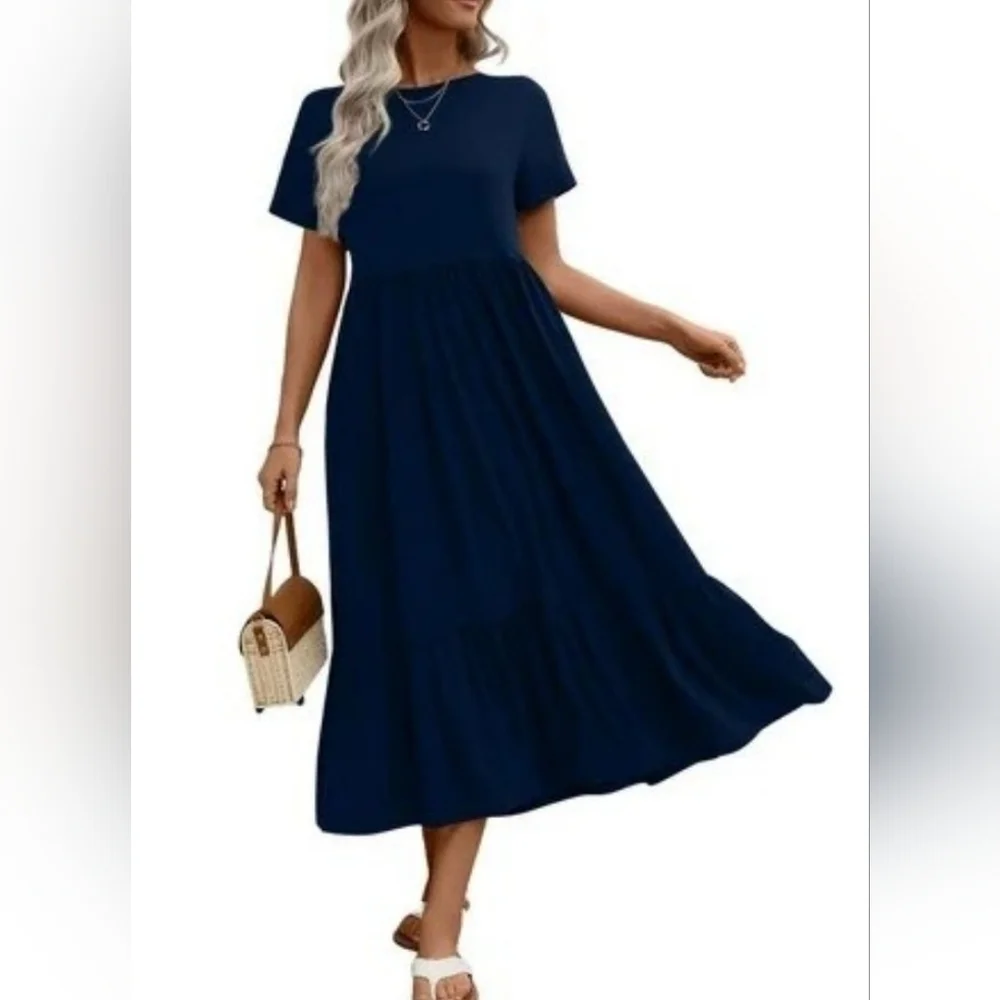 Elegant Navy Blue Maxi Dress With Pockets Size L